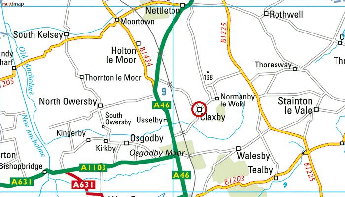 A map showing the position of Claxby in relation to the A46